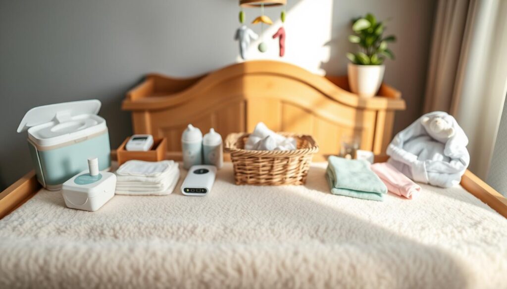 A beautifully arranged changing table adorned with essential accessories for parents. In the foreground, there’s a soft, plush changing pad with a gentle pastel color palette. Scattered around are practical items like baby wipes containers, diapers, a small, decorative basket holding onesies, and a colorful mobile hanging above. In the middle, there's a wooden changing table with graceful curves, complemented by warm, natural lighting that creates a cozy, inviting atmosphere. A hint of green from a potted plant is visible in the background, adding a touch of life to the scene. The overall mood is serene and organized, appealing to new parents seeking functional yet stylish accessories for their nursery space. The focus is sharp, capturing the textures and colors vividly.