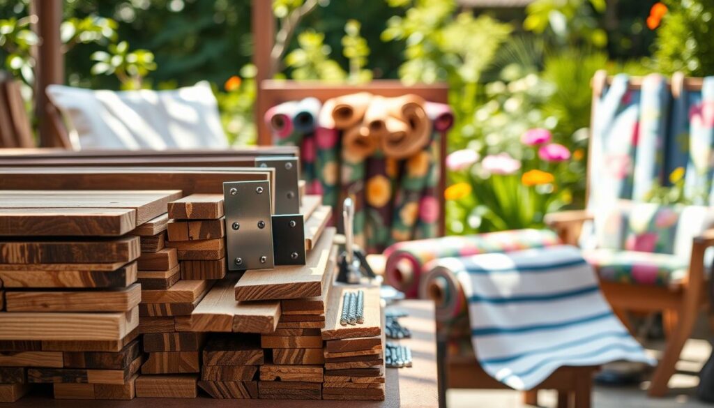 A beautifully arranged display of materials for outdoor furniture DIY projects. In the foreground, there are various types of wood planks—like teak and cedar—carefully stacked, showcasing their rich textures and warm tones. Additionally, there are metal brackets and screws, neatly organized on a workbench. In the middle ground, display rolls of outdoor fabric in vibrant colors and patterns, such as floral or striped designs, emphasizing their weather-resistant qualities. The background features a sunlit garden, with lush greenery and blooming flowers, enhancing the inviting atmosphere. Soft, natural lighting casts gentle shadows, creating depth and warmth. The image captures a creative and inspiring mood, encouraging readers to envision their own outdoor furniture projects.