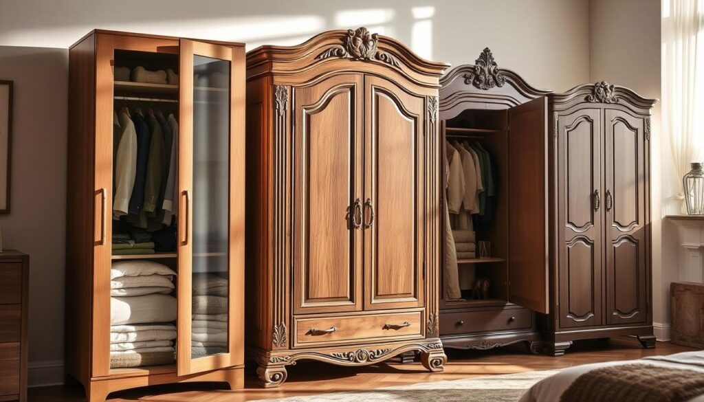 A beautifully arranged display of various types of wardrobes, illustrating the diversity in design. In the foreground, a sleek modern wardrobe with glass doors showcases neatly folded clothes, while beside it, a rustic wooden wardrobe with intricate carvings stands open, revealing vintage garments. In the middle ground, an elegant minimalist wardrobe features smooth lines and a neutral color palette, highlighting its contemporary appeal. The background includes a traditional armoire with ornate details, creating a stark contrast. Soft, natural lighting spills in from a nearby window, enhancing the textures of wood and fabric, and casting gentle shadows. The atmosphere is warm and inviting, perfect for a cozy home setting, visually representing the multitude of wardrobe styles available on the market.