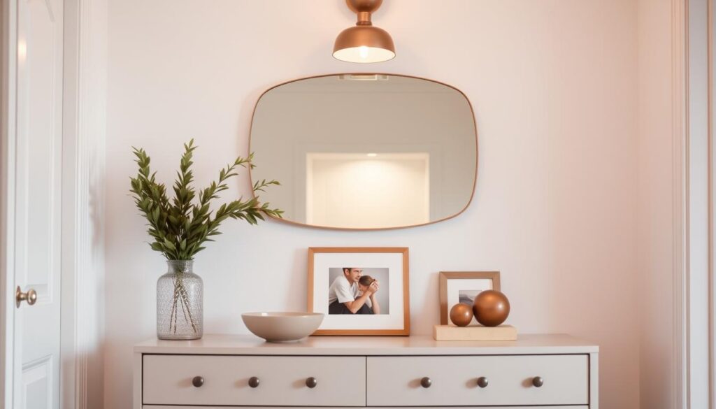 A beautifully arranged hallway with a stylish dresser in the foreground, topped with tasteful decorations. On the dresser, place a small potted plant, a decorative bowl, and a framed picture in a soft, warm color palette. The middle ground features a sleek, modern mirror hanging above the dresser, reflecting soft, ambient lighting from an overhead light fixture. In the background, a subtly textured wall painted in a light color enhances the welcoming atmosphere. The scene is captured with a gentle focus, showcasing the elegant details of the decor. The overall mood is inviting and sophisticated, perfect for conveying an aesthetic yet practical setup for a foyer.