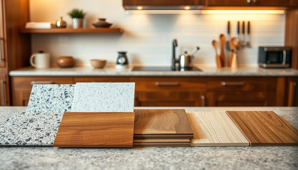 A beautifully arranged kitchen countertop showcasing different materials suitable for kitchen countertops, specifically focusing on those that complement brown kitchen furniture. In the foreground, various samples of materials such as granite, quartz, wood, and laminate are displayed, highlighting their textures and colors. The middle ground features a contemporary kitchen setting with brown cabinetry, a warm, inviting atmosphere created by soft, ambient lighting. The backsplash is subtly styled, enhancing the aesthetic appeal of the kitchen. The background includes soft, blurred kitchen appliances and utensils, ensuring the focus remains on the countertop materials. The composition is shot from a slightly elevated angle to capture depth, with a cozy, home-like mood that emphasizes functionality and style in kitchen design.