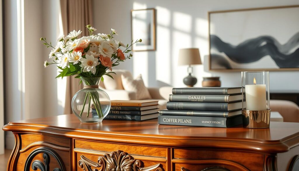 A beautifully arranged living room commode showcasing various decorative items. In the foreground, a stylish wooden commode with intricate carvings, topped with a decorative vase filled with fresh flowers, a stack of elegant coffee table books, and a scented candle in a decorative holder. In the middle ground, soft natural light filters in through a nearby window, casting gentle shadows, creating a warm, inviting atmosphere. A cozy armchair and a modern art piece are subtly visible in the background, enhancing the overall aesthetic. The image captures a harmonious blend of style and comfort, evoking a sense of tranquility and sophistication in interior design.