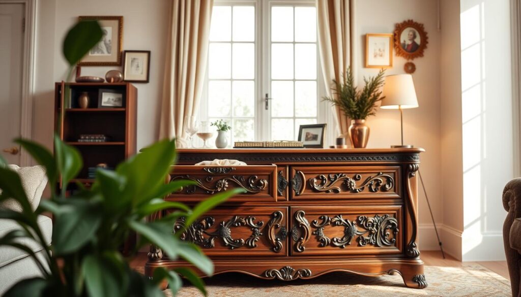 A beautifully arranged living room featuring a stylish wooden chest of drawers (komód) as the focal point. The komód is crafted from rich walnut wood, showcasing intricate carvings and a polished finish. Its drawers are slightly ajar, revealing elegant textiles peeking out. In the foreground, a potted plant adds a touch of greenery. In the middle ground, the komód is placed against a light-colored wall, adorned with tasteful decorative items like a lamp and photo frames. The background features a softly lit room window, allowing warm, natural light to flow in, casting gentle shadows. The atmosphere is cozy and inviting, perfect for illustrating the topic of furniture prices and styles. The scene is shot at eye-level with a soft focus on the komód to emphasize its craftsmanship.