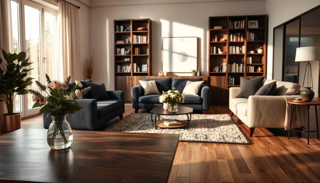 A beautifully arranged living room showcasing the harmonious blend of dark and light furniture. In the foreground, a sleek dark wood coffee table, elegantly set with a vase of fresh flowers, invites the eye. The middle section features a mix of dark and light upholstered sofas, one in deep navy and the other in a soft cream, arranged around a central rug that ties the colors together. The background displays a stylish bookshelf, half filled with dark wood and the other half with lighter tones, creating a striking visual contrast. Soft natural lighting filters through large windows, casting gentle shadows and creating a warm, inviting atmosphere. The overall mood is sophisticated yet cozy, ideal for illustrating the principles of interior design.