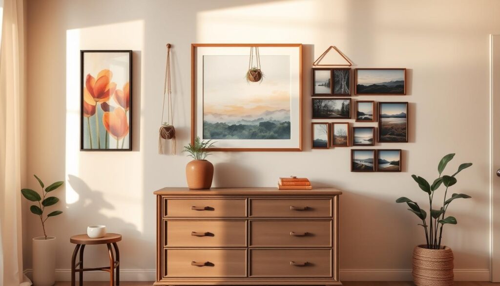 A beautifully arranged living room with a stylish commode as the focal point, situated against a soft, neutral-toned wall. Above the commode, a selection of elegant wall decorations is displayed, including a large framed abstract painting with vibrant colors, delicate hanging plants in macramé holders, and a gallery of smaller framed photos capturing serene landscapes. The lighting is warm and inviting, with natural sunlight filtering through a nearby window, creating soft shadows that add depth. The angle is slightly elevated, showcasing the combination of decor in an aesthetically pleasing way, evoking a sense of comfort and style. The atmosphere is cozy yet sophisticated, inviting viewers to imagine their own interpretation of wall decor above the commode in a salon setting. A beautifully arranged living room with a stylish commode as the focal point, situated against a soft, neutral-toned wall. Above the commode, a selection of elegant wall decorations is displayed, including a large framed abstract painting with vibrant colors, delicate hanging plants in macramé holders, and a gallery of smaller framed photos capturing serene landscapes. The lighting is warm and inviting, with natural sunlight filtering through a nearby window, creating soft shadows that add depth. The angle is slightly elevated, showcasing the combination of decor in an aesthetically pleasing way, evoking a sense of comfort and style. The atmosphere is cozy yet sophisticated, inviting viewers to imagine their own interpretation of wall decor above the commode in a salon setting.