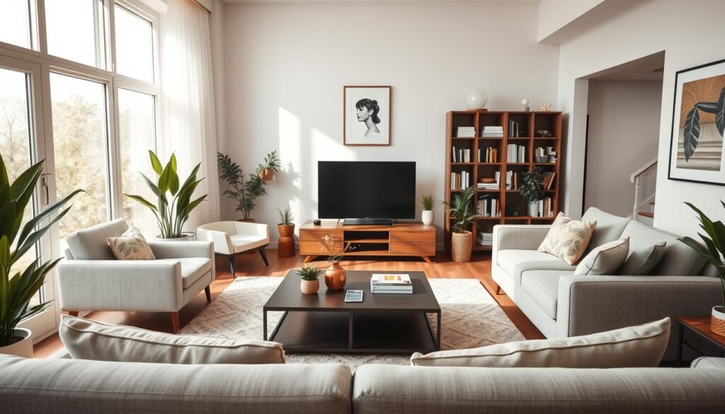 A beautifully arranged modern living room showcasing functional furniture placement. In the foreground, a comfortable sofa with stylish cushions faces a contemporary coffee table. On the left, a chic armchair complements the seating arrangement. In the middle, a sleek television stand holds an elegant TV, with decorative plants on both sides. Light pours in from large windows, creating a warm, inviting atmosphere. The walls are adorned with tasteful artwork, and a soft area rug adds a touch of coziness. In the background, a bookshelf filled with books and decorative items provides depth. The scene is captured from a slightly elevated angle, emphasizing the spatial harmony and inviting feel of the room. The overall mood is stylish and functional, perfect for modern living.