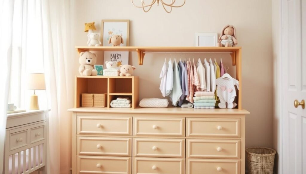 A beautifully arranged nursery focused on the selection of a baby dresser. In the foreground, a stylish wooden dresser with multiple drawers, painted in soft pastel colors, adorned with cute baby accessories like plush toys and books. In the middle ground, neatly folded baby clothes are displayed in the dresser, showcasing a variety of colors and patterns, emphasizing organization and practicality. The background features a cozy nursery setting, with soft lighting filtering through sheer curtains, illuminating the space softly. The atmosphere conveys warmth and care, ideal for a baby's room. Capture this scene from a slightly elevated angle to provide perspective, emphasizing the charm and functionality of the dresser in a serene and inviting environment.