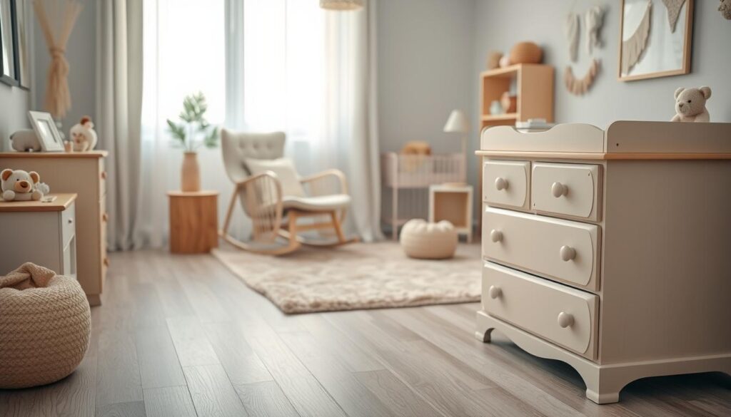 A beautifully arranged room featuring a stylish baby dresser, designed for infants. In the foreground, a wooden ranking komód with multiple drawers, safely designed with rounded edges. The dresser has a soft pastel color palette, adorned with cute animal motifs that enhance its child-friendly appeal. In the middle ground, a cozy nursery setting with a plush rug and a rocking chair, creating a warm atmosphere. In the background, a soft window light filters through sheer curtains, bathing the scene in gentle, natural illumination. The angle captures both the dresser and the inviting decor, emphasizing practicality and safety in baby furniture. The overall mood is serene, reflecting a nurturing space perfect for parents and their newborns. A beautifully arranged room featuring a stylish baby dresser, designed for infants. In the foreground, a wooden ranking komód with multiple drawers, safely designed with rounded edges. The dresser has a soft pastel color palette, adorned with cute animal motifs that enhance its child-friendly appeal. In the middle ground, a cozy nursery setting with a plush rug and a rocking chair, creating a warm atmosphere. In the background, a soft window light filters through sheer curtains, bathing the scene in gentle, natural illumination. The angle captures both the dresser and the inviting decor, emphasizing practicality and safety in baby furniture. The overall mood is serene, reflecting a nurturing space perfect for parents and their newborns.