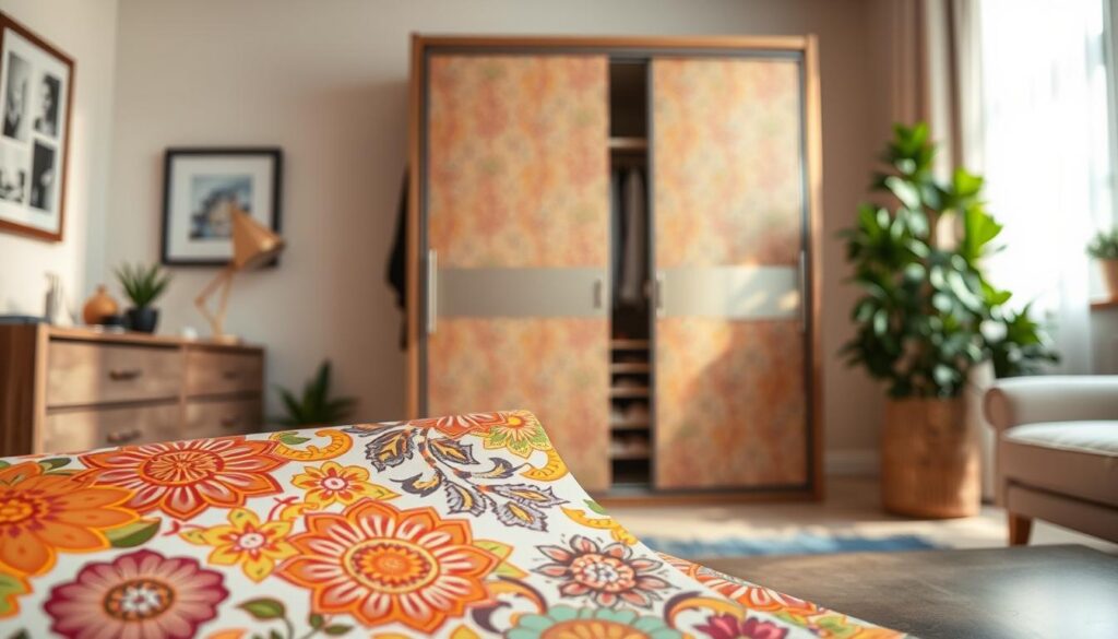 A beautifully arranged workspace featuring vibrant, colorful sheets of self-adhesive decorative film, known as "folia samoprzylepna". In the foreground, focus on a roll of the film, showcasing intricate patterns such as floral motifs and geometric designs, gleaming under warm, soft lighting. In the middle, display a sleek sliding wardrobe partially covered with the self-adhesive film, revealing a delightful transformation from plain to stylish. The background features a tastefully decorated room with neutral tones and greenery, creating a serene atmosphere that enhances the aesthetic appeal of the wardrobe. Capture this scene from a slightly elevated angle to emphasize the texture and colors of the film, while maintaining a polished, professional look.