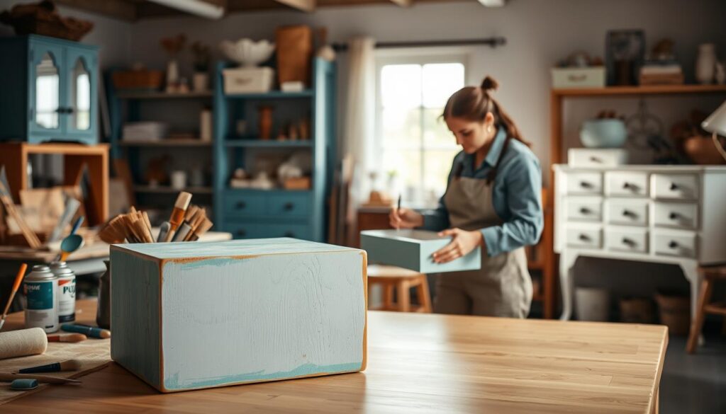 A beautifully arranged workspace showcasing various furniture painting techniques. In the foreground, a well-lit tabletop displays a freshly painted wooden cabinet, its surface textured and vibrant with hues of teal and white. To the side, an assortment of brushes, rollers, and paint cans suggest different techniques, from spray painting to traditional brushwork. In the middle ground, a skilled artisan, wearing professional attire, is gently applying paint to a furniture drawer, focusing intently on precision. The background features a softly blurred room with shelves showcasing more finished pieces and natural light streaming through a window, creating a warm, inviting atmosphere that inspires creativity and craftsmanship. The scene embodies a sense of artistry and skill, highlighting the beauty of upcycling furniture.