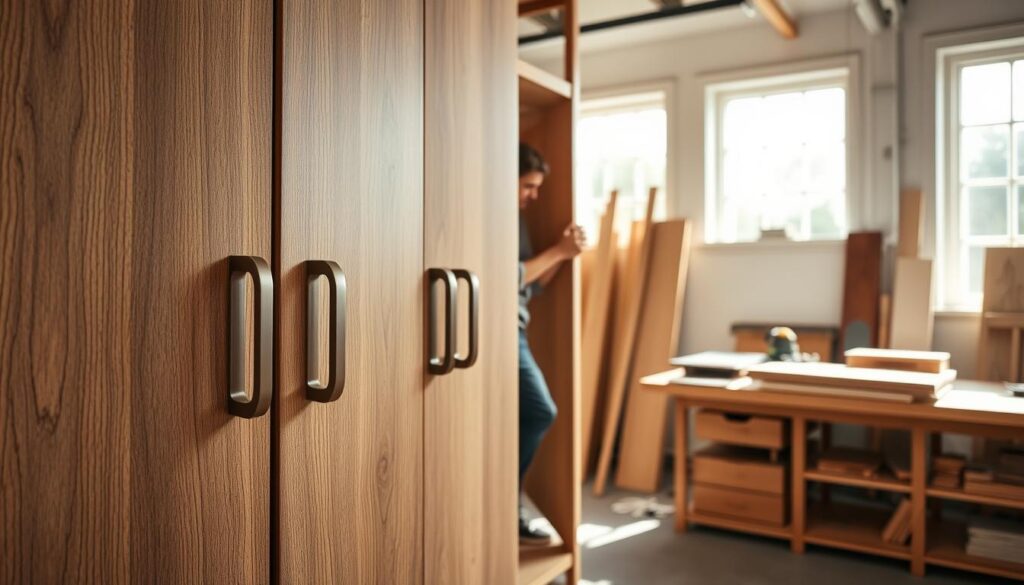 A beautifully crafted custom wardrobe, designed with a modern aesthetic, displayed in a bright, inviting workshop. In the foreground, detailed close-up views of the wardrobe's sleek handles and textured wood finish reveal the quality of craftsmanship. In the middle, an experienced carpenter, dressed in a professional work shirt and jeans, is skillfully assembling the wardrobe, surrounded by tools like a tape measure and a saw. The background features shelves filled with wood planks and design sketches, hinting at the customization possibilities. Soft, natural lighting floods the workspace through large windows, creating a warm and welcoming atmosphere that emphasizes the care and attention to detail involved in custom furniture making. The overall mood conveys professionalism, creativity, and craftsmanship.