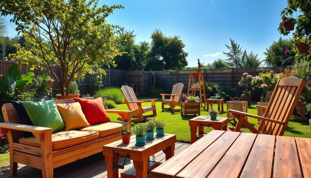 A beautifully crafted outdoor scene showcasing a variety of DIY garden furniture made from wooden planks. In the foreground, a cozy bench adorned with colorful cushions invites relaxation, alongside a handcrafted table displaying potted plants. In the middle ground, multiple styles of garden furniture, such as a rocking chair and planters, demonstrate creativity and craftsmanship. The background features a serene garden under bright blue skies, with lush greenery and blooming flowers enhancing the atmosphere. Soft natural lighting creates warm highlights on the wooden surfaces, emphasizing the textures of the grain. The overall mood is inviting and inspiring, encouraging viewers to consider the joys and benefits of creating their own garden furniture. A beautifully crafted outdoor scene showcasing a variety of DIY garden furniture made from wooden planks. In the foreground, a cozy bench adorned with colorful cushions invites relaxation, alongside a handcrafted table displaying potted plants. In the middle ground, multiple styles of garden furniture, such as a rocking chair and planters, demonstrate creativity and craftsmanship. The background features a serene garden under bright blue skies, with lush greenery and blooming flowers enhancing the atmosphere. Soft natural lighting creates warm highlights on the wooden surfaces, emphasizing the textures of the grain. The overall mood is inviting and inspiring, encouraging viewers to consider the joys and benefits of creating their own garden furniture.