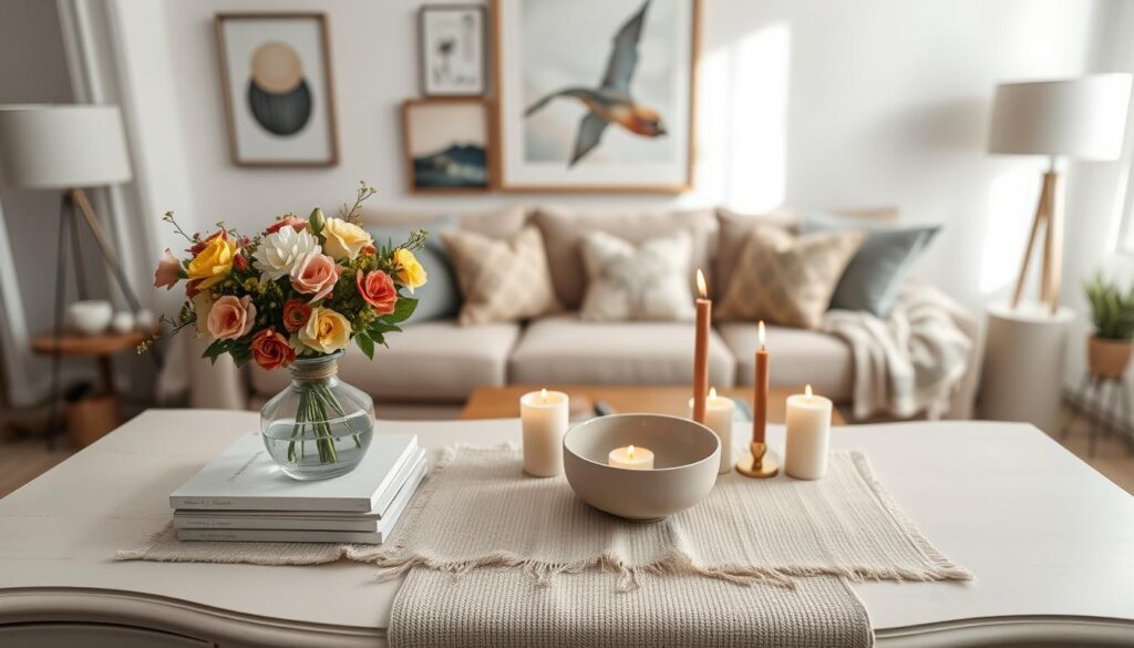 A beautifully decorated commode in a stylish living room setting. In the foreground, showcase an elegant vase with fresh flowers, a small stack of artisanal books, and a decorative bowl made of ceramic. In the middle, a soft, textured runner drapes across the commode, with various scented candles of different heights adding warmth. The background features a cozy sofa and tasteful wall art, creating a harmonious atmosphere. The scene is illuminated by gentle, natural light coming from a window, creating soft shadows and highlighting the textures. The mood is inviting and serene, perfect for inspiring decor ideas. Focus on a wide-angle view to capture the essence of the decor while ensuring clarity and detail.