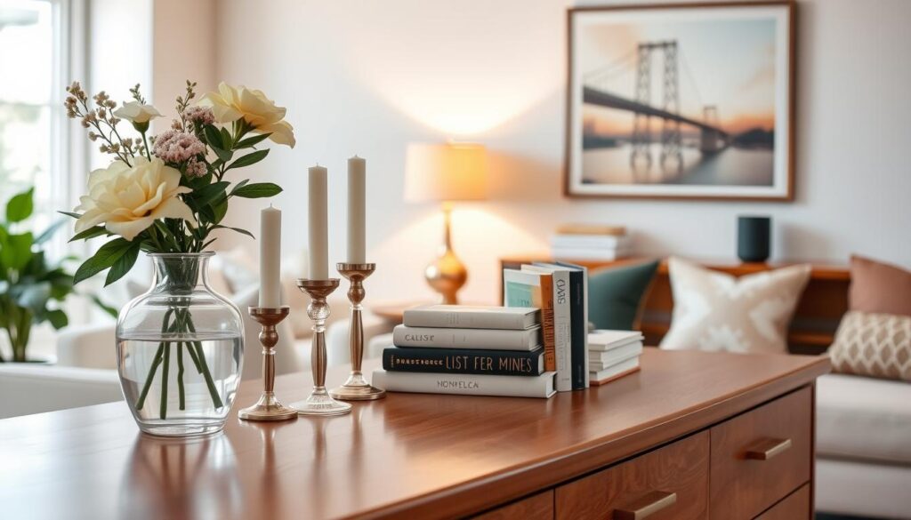 A beautifully decorated dresser in a cozy, well-lit living room setting. In the foreground, the polished wooden dresser showcases a variety of decorative items: a stylish vase with fresh flowers, a set of elegant candles, and a few carefully chosen books. In the middle ground, a charming table lamp casts a warm glow, complementing the aesthetic. The background features a soft, neutral-colored wall adorned with tasteful artwork, enhancing the serene atmosphere. Natural light streams through a nearby window, adding a touch of brightness to the scene. The overall mood is inviting and harmonious, perfect for showcasing practical and decorative ideas for dressing up a dresser in a modern home setting.