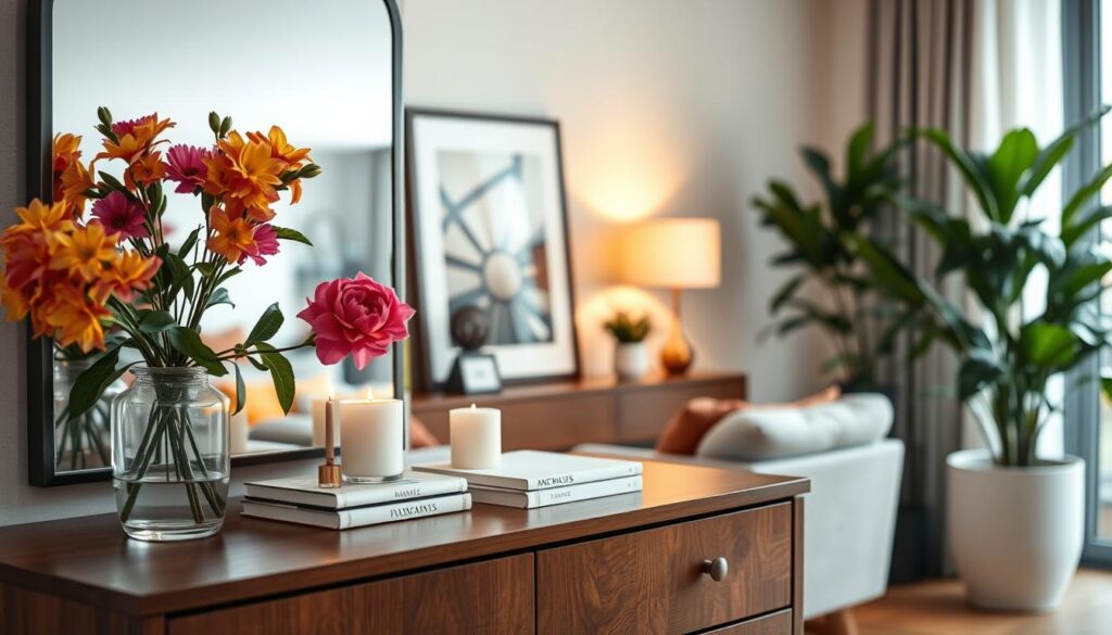 A beautifully decorated dresser in a stylish interior setting. The foreground features a tastefully arranged dresser adorned with decorative items: a vase of fresh flowers with vibrant colors, a couple of elegant candles, and a small stack of art books. In the middle, a framed wall art piece complements the dresser's decor, while a stylish mirror reflects soft, warm lighting from a nearby window, creating a cozy ambiance. In the background, a softly blurred living room is visible, with modern furniture and lush indoor plants that enhance the inviting atmosphere. The overall mood is creative and sophisticated, showcasing innovative ideas for stylish home decor. The scene is captured with soft focus and realistic lighting to evoke comfort and inspiration.