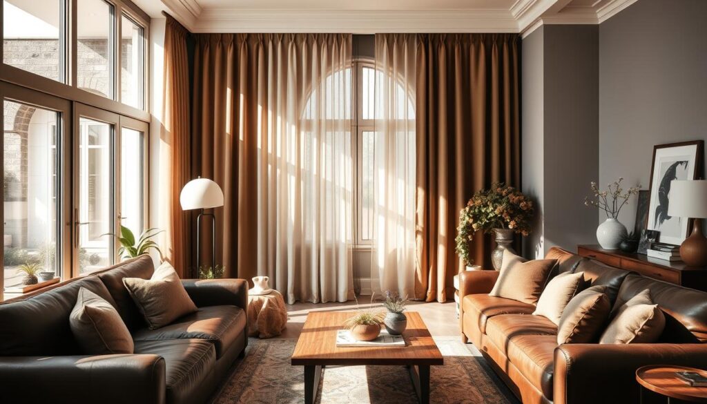 A beautifully decorated living room featuring rich brown furniture, such as a plush leather sofa and wooden coffee table. The focal point is elegant curtains in soft textures, showcasing a variety of colors that complement the brown tones—think muted olive greens, warm beige, and soft creams. The ambiance is cozy and inviting, with natural light streaming through large windows, casting gentle shadows. The room is adorned with tasteful decorative items, like potted plants and framed artwork, that add warmth and personality. Capture a wide-angle view to emphasize the harmony between the curtains and the brown furniture, highlighting their synergy in a stylish home environment. The overall mood is serene and sophisticated, inviting viewers to relax and enjoy the aesthetics.