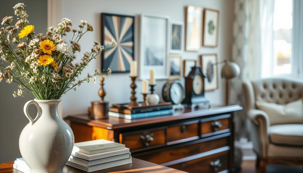 A beautifully decorated wooden commode in a softly lit room, showcasing stylish decor ideas. In the foreground, an elegant ceramic vase filled with fresh wildflowers, a stack of trendy coffee table books, and a decorative tray holding candles. In the middle, the commode surface is adorned with tasteful ornaments, including a small sculpture and an antique clock. A cozy armchair is positioned nearby, inviting interaction. In the background, a softly blurred wall with light pastel colors and framed art pieces, creating an atmosphere of warmth and creativity. The natural light filters in through a nearby window, casting gentle shadows, enhancing the inviting and harmonious mood of the scene.