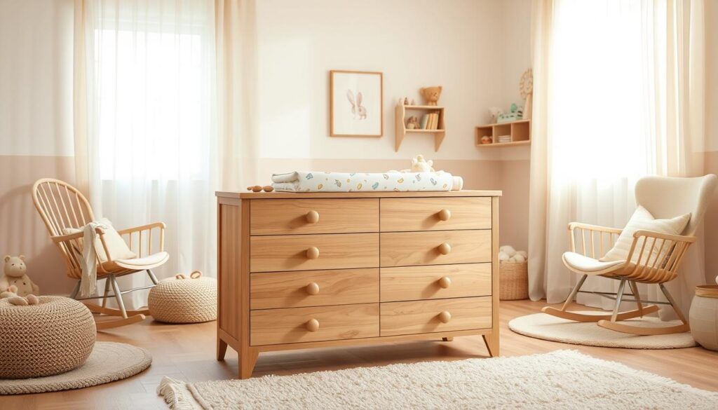 A beautifully designed baby dresser in a warm, serene nursery setting. The dresser is made of natural wood with soft edges for safety, featuring spacious drawers with gentle, child-safe closures. On top of the dresser, there's a changing pad adorned with playful patterns, surrounded by neatly organized baby essentials like cloths and toys. In the background, soft pastel colors on the walls complement the calming atmosphere, with a cozy rocking chair and soft plush rugs adding to the homely feel. The room is softly lit by natural daylight filtering in through sheer curtains, creating a peaceful and inviting ambiance, ideal for a baby's nursery. The angle captures the dresser as a focal point, emphasizing its practicality and safety features. A beautifully designed baby dresser in a warm, serene nursery setting. The dresser is made of natural wood with soft edges for safety, featuring spacious drawers with gentle, child-safe closures. On top of the dresser, there's a changing pad adorned with playful patterns, surrounded by neatly organized baby essentials like cloths and toys. In the background, soft pastel colors on the walls complement the calming atmosphere, with a cozy rocking chair and soft plush rugs adding to the homely feel. The room is softly lit by natural daylight filtering in through sheer curtains, creating a peaceful and inviting ambiance, ideal for a baby's nursery. The angle captures the dresser as a focal point, emphasizing its practicality and safety features.