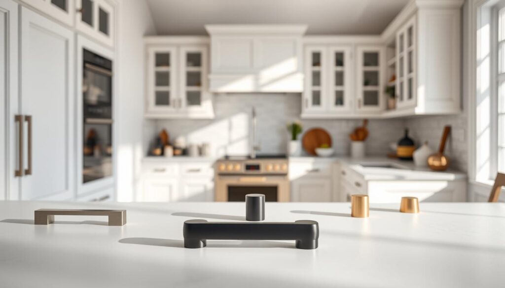 A beautifully designed kitchen featuring white cabinetry with a variety of stylish kitchen handles and knobs. In the foreground, showcase sleek, modern handle designs in brushed nickel, matte black, and polished brass. The middle ground should highlight the elegant white kitchen furniture, showcasing a spacious layout with countertops and a subtle backsplash. Natural sunlight streams through a nearby window, creating a warm, inviting atmosphere. Soft shadows add depth to the scene, emphasizing the textures of the cabinetry and the handles. In the background, a tasteful arrangement of kitchen accessories completes the scene, enhancing the functionality and aesthetic appeal of modern kitchen design. The overall mood should be sophisticated yet cozy, capturing the essence of contemporary kitchen style.