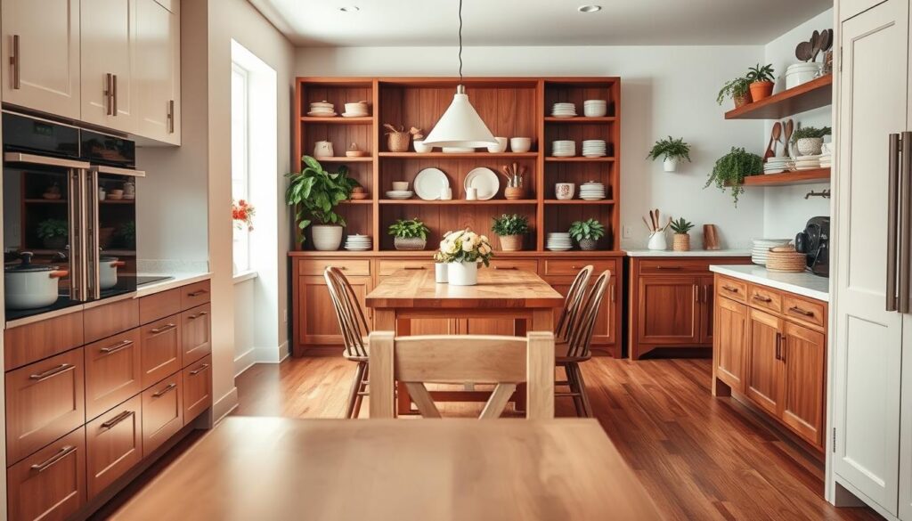 A beautifully designed kitchen showcasing various styles of kitchen furniture, such as modern, rustic, and minimalist. In the foreground, feature sleek, contemporary cabinetry with smooth lines and a polished finish, accented by stylish hardware. In the middle, include a cozy farmhouse-style table with mismatched chairs, creating a warm and inviting atmosphere. The background should display elegant open shelving filled with decorative cookware and plants. Use soft, natural lighting that illuminates the wooden textures and vibrant colors of the furniture, creating a cheerful mood. The angle should be slightly elevated to capture the depth and spatial relationships in the kitchen. The overall feel should inspire viewers to envision their dream kitchen, making it functional yet stylish.