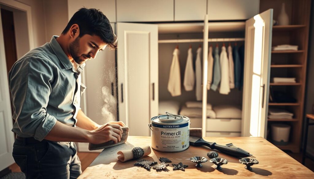 A beautifully detailed interior setting showcasing the step-by-step process of renewing a sliding wardrobe. In the foreground, a professional individual wearing casual yet tidy clothing is carefully sanding down the surface of the wardrobe, dust floating in the sunlight. In the middle ground, tools like a paintbrush, a can of primer, and decorative hardware are neatly arranged on a sleek workbench, emphasizing organization. The background features partially opened wardrobe doors revealing clean, neatly folded clothes and a hint of fresh paint. Soft, warm lighting bathes the scene, creating a cozy and inviting atmosphere. The angle is slightly elevated, capturing the entire workspace, highlighting both the process and attention to detail involved in wardrobe restoration.