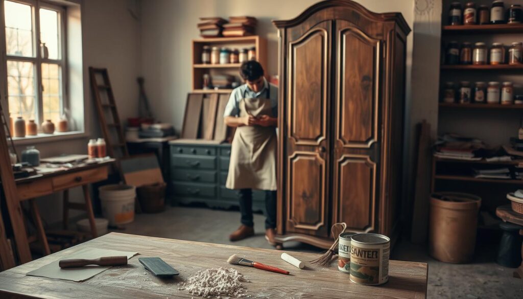 A beautifully organized workshop scene focused on preparing furniture for restoration. In the foreground, a vintage wardrobe stands, its surface partially stripped of old paint, revealing the wood grain underneath. Tools lie scattered on a wooden bench nearby: sandpaper, a paint scraper, brushes, and a small can of wood stain, indicating a work-in-progress atmosphere. In the middle ground, a craftsman, dressed in a simple apron and modest work attire, carefully inspects the wardrobe, checking for imperfections. The background features soft, warm lighting from a nearby window, casting gentle shadows and adding depth. Shelves on the walls are filled with jars of paints and varnishes, evoking a cozy and professional setting. The mood is focused and inspiring, representing the meticulous process of furniture restoration.