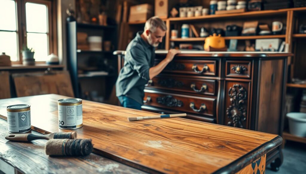 A beautifully restored vintage dresser, elegantly placed in a softly lit workshop setting. In the foreground, detailed tools like a paintbrush, sandpaper, and a can of wood finish are neatly arranged on a wooden table. The dresser itself showcases a rich, polished wood finish with intricate carvings, highlighting the craftsmanship of its restoration. In the middle ground, a craftsman in modest casual clothing is gently applying stain to the dresser, focused on the delicate details, their face illuminated by warm, natural light coming from a nearby window. In the background, shelves filled with restoration supplies and a serene atmosphere suggest a sense of artistry and dedication. The overall mood is inviting and inspiring, ideal for showcasing the art of furniture restoration.