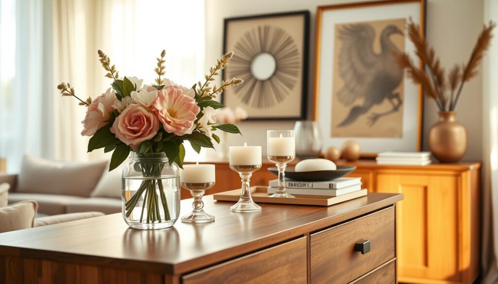 A beautifully styled chest of drawers in a well-lit, cozy living room setting. In the foreground, the dresser showcases an elegant arrangement of carefully selected decorative items, including a modern vase with fresh flowers, a set of artisanal candles, and an eye-catching framed artwork. The middle ground features the stylish dresser itself, made of wood with a rich finish, complemented by decorative trays and curated books. In the background, soft natural light filters through sheer curtains, creating a warm and inviting atmosphere. The angle captures the dresser from a slight side view, emphasizing the depth and layers of the décor. Aim for a serene and sophisticated mood, perfect for inspiring readers on how to decorate their own furniture beautifully.