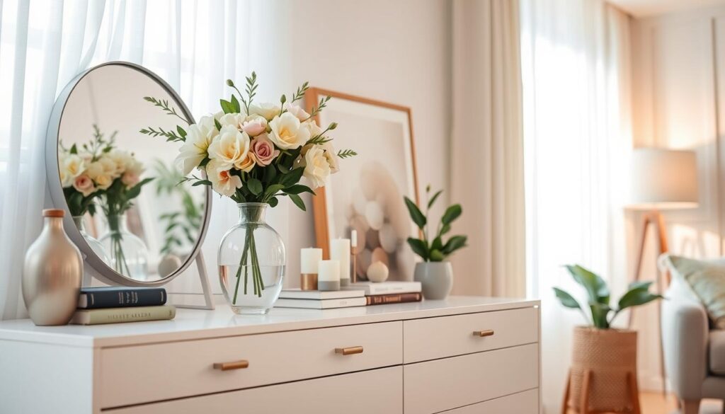 A beautifully styled dresser in a cozy, modern living room, showcasing a variety of universal decor ideas. In the foreground, focus on a sleek, white dresser adorned with an elegant vase of fresh flowers, a decorative mirror, and a stack of stylish books. The middle layer features subtle decorative items like candles, an abstract art piece, and a potted plant for a touch of greenery. In the background, soft natural light filters through sheer curtains, casting a warm glow on the scene. The overall atmosphere is inviting and harmonious, with a color palette of soft pastels and earth tones, evoking a sense of tranquility and sophistication. Use a slightly elevated angle to highlight the top surface of the dresser, with a shallow depth of field to keep the focus sharp on the decor details.