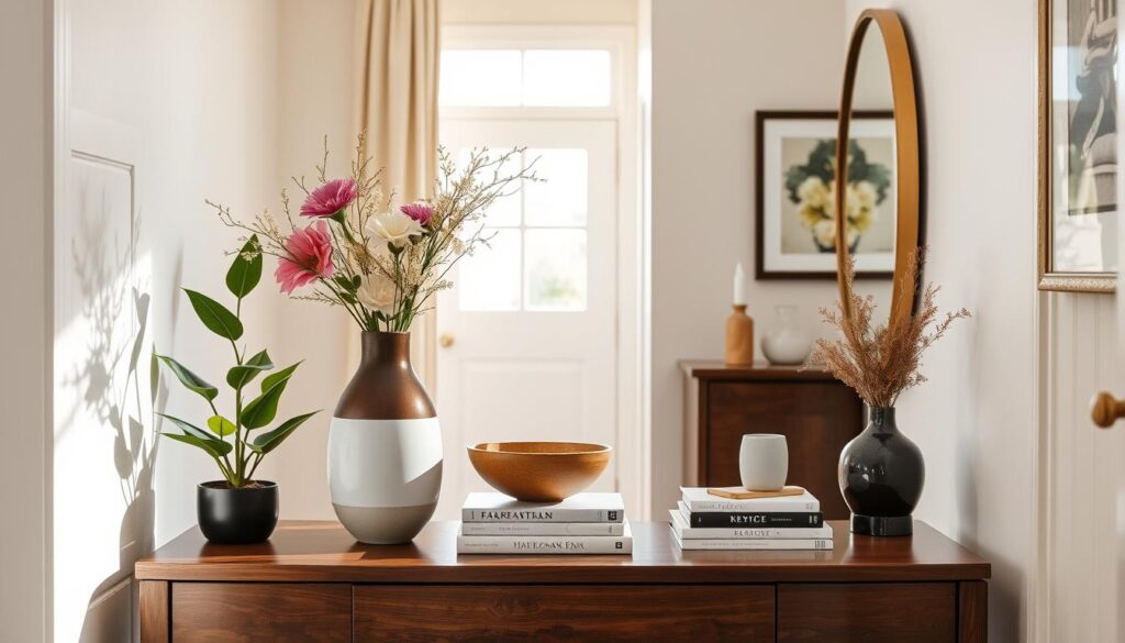 A beautifully styled hallway console table, featuring a mix of decorative elements and functional items. In the foreground, display a sleek wooden komoda adorned with a stylish vase containing fresh flowers, a decorative bowl, and a stack of art books. In the middle ground, a cozy light filters through a nearby window, illuminating the scene and casting gentle shadows. On one side, a small potted plant adds a touch of greenery, while the opposite side features an elegant mirror reflecting the surrounding decor. The background showcases soft, neutral wall colors and a framed artwork, creating a warm and inviting atmosphere. The overall mood is serene and welcoming, perfect for a home entrance.