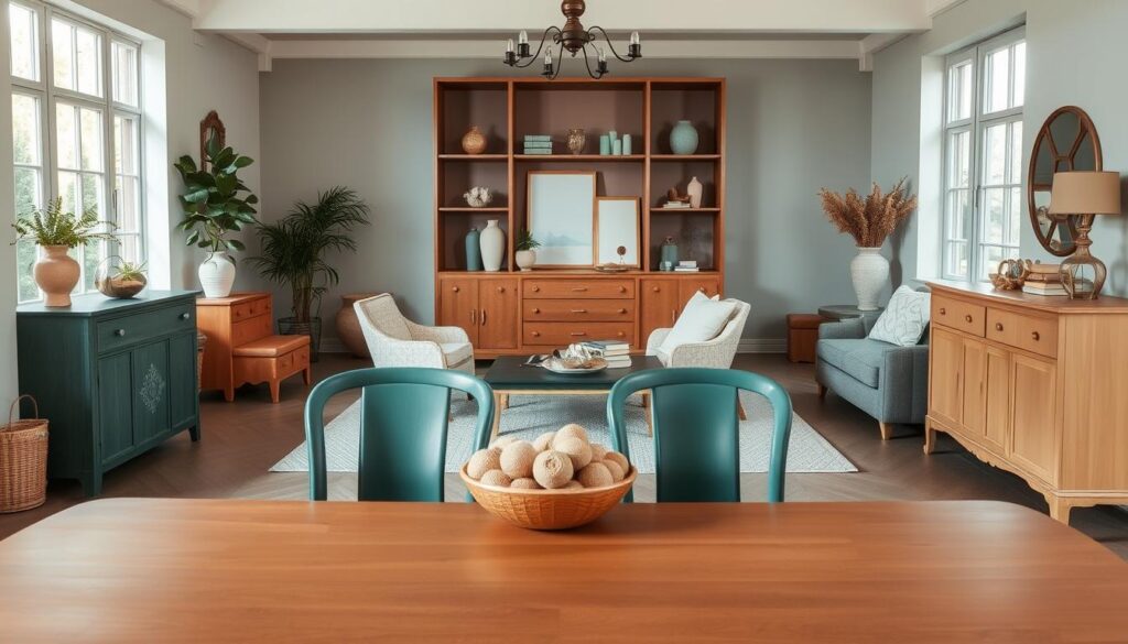 A beautifully styled interior featuring an array of furniture with veneer surfaces, showcasing various color inspirations. In the foreground, a chic table and chairs are painted in rich earthy tones like deep forest green and warm terracotta, complemented by elegant accents in soft cream. The middle ground presents a cozy setting with a stylish sideboard and shelving unit displaying decorative items in pastel hues like mint and blush, creating a harmonious contrast. The background features a softly lit room with large windows allowing natural light to gently illuminate the scene, enhancing the textures and colors of the furniture. The atmosphere is warm and inviting, promoting creativity in furniture design while maintaining a sleek, modern aesthetic. A beautifully styled interior featuring an array of furniture with veneer surfaces, showcasing various color inspirations. In the foreground, a chic table and chairs are painted in rich earthy tones like deep forest green and warm terracotta, complemented by elegant accents in soft cream. The middle ground presents a cozy setting with a stylish sideboard and shelving unit displaying decorative items in pastel hues like mint and blush, creating a harmonious contrast. The background features a softly lit room with large windows allowing natural light to gently illuminate the scene, enhancing the textures and colors of the furniture. The atmosphere is warm and inviting, promoting creativity in furniture design while maintaining a sleek, modern aesthetic.