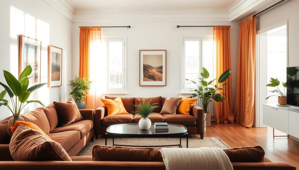 A beautifully styled interior room showcasing a harmonious color palette. In the foreground, a cozy living space features rich brown furniture, such as a plush sofa and a sleek coffee table, accented with vibrant throw pillows. The middle ground presents white walls adorned with tasteful art, creating a fresh, bright ambiance. Delicate curtains in warm tones drape elegantly at the windows, balancing the room's color scheme. Soft, natural lighting fills the space, casting gentle shadows and enhancing textures. In the background, greenery from houseplants adds a touch of life, completing the serene atmosphere conducive to relaxation and aesthetics. The scene evokes a sense of comfort and sophistication, ideal for illustrating an analysis of interior color schemes.