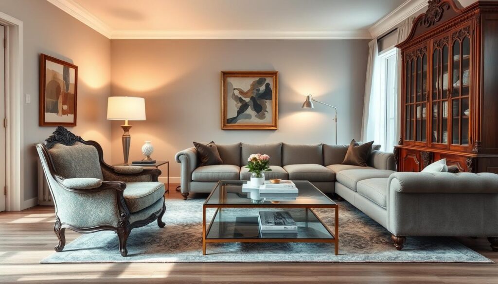 A beautifully styled living room that harmoniously blends antique furniture with modern decor. In the foreground, showcase an elegant, ornate vintage armchair beside a sleek, contemporary coffee table made of glass and metal. In the middle ground, a minimalist sectional sofa contrasts with an intricately carved wooden cabinet that holds vintage china. The background features soft, ambient lighting from a modern floor lamp, casting warm tones that create a cozy atmosphere. Decorative elements like a modern abstract painting and an antique mirror add depth. The space is inviting, illustrating the benefits of mixing styles, with natural light streaming in through large windows to enhance the serene mood.