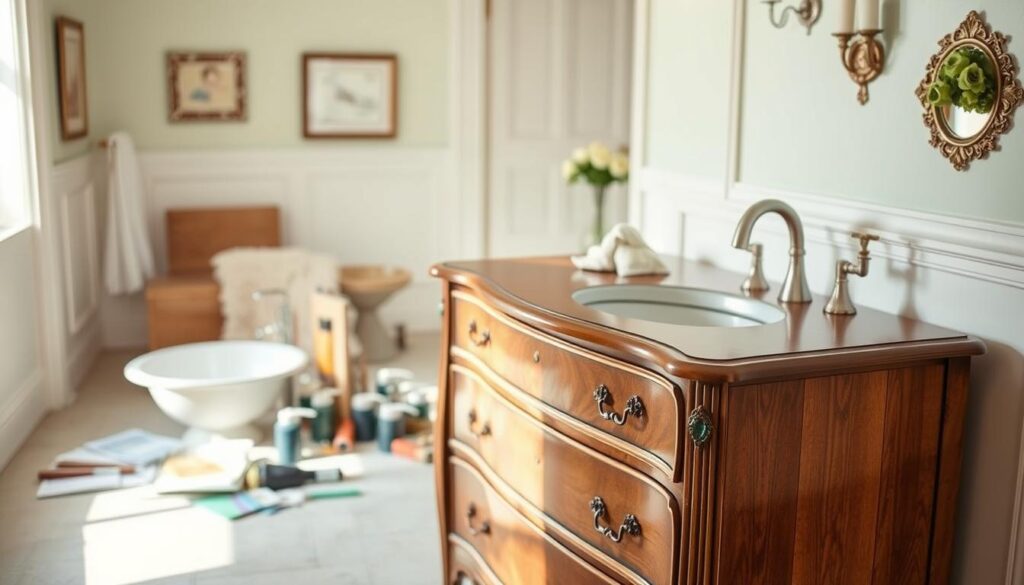 A beautifully styled, vintage wooden commode ready for transformation into a bathroom vanity. The foreground features the commode, showcasing its intricate details such as ornate handles and a polished finish, illuminated by soft, warm lighting that highlights the wood grain. In the middle ground, a selection of tools and materials for the conversion, like a sink basin, plumbing fixtures, and paint swatches, are arranged in an aesthetically pleasing manner. The background shows a light, airy bathroom setting with pastel-colored walls and decorative elements, creating a calm and inviting atmosphere. The scene is captured from a slightly elevated angle, emphasizing the commode's elegance while allowing viewers to visualize its potential as a functional vanity piece.