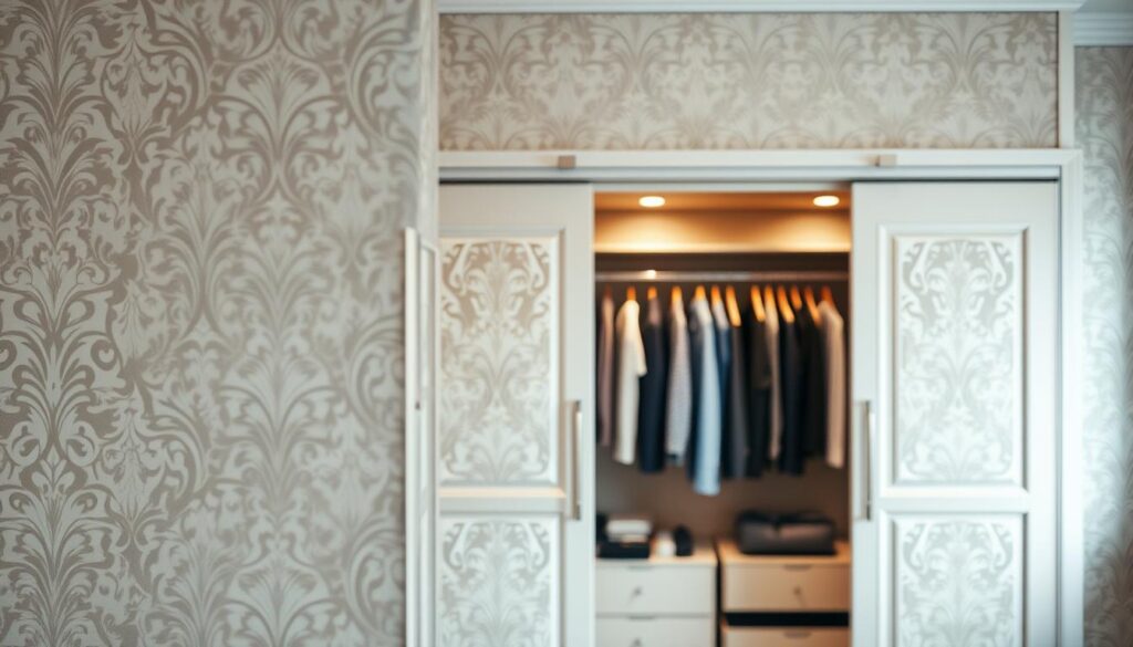 A beautifully styled wardrobe with sliding doors, prominently featuring an elegant wallpaper design that showcases intricate patterns and soft pastel colors. In the foreground, highlight the texture of the wallpaper with a close-up view of the patterns, creating a sense of depth. The middle ground showcases the wardrobe's sliding panels slightly open, revealing neatly organized clothing and accessories. In the background, a softly lit room with warm overhead lights enhances the inviting atmosphere. Use a shallow depth of field to accentuate the wardrobe while gently blurring the background. The overall mood should convey a feeling of freshness and modernity, reflecting innovative design solutions in home decor.