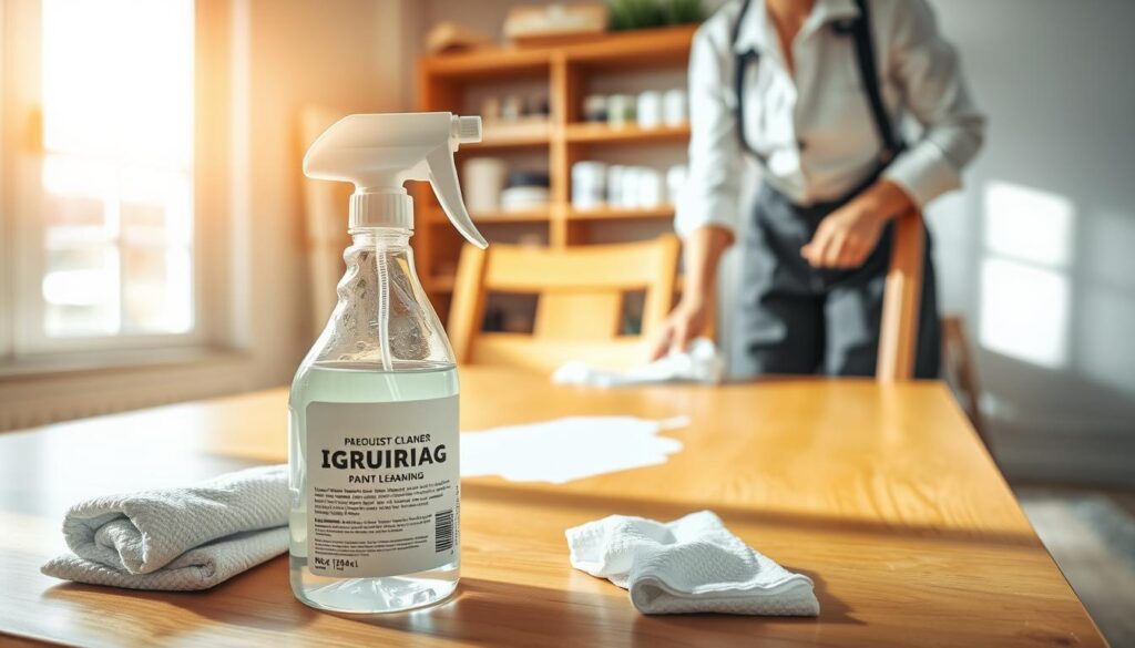 A bright and clean workspace featuring a person in professional attire meticulously applying a degreasing solution to wooden furniture, emphasizing preparation for painting. In the foreground, a bottle of degreasing cleaner with a sprayer sits prominently, showing clear labeling, next to a clean microfiber cloth. The middle ground includes the wooden furniture, showcasing its natural grain, and a partially wiped surface revealing a clean area. The background is softly blurred, showing shelves with various paint supplies, creating an organized atmosphere. Warm, natural lighting streams in through a window, casting gentle shadows and enhancing the focus on the furniture and the cleaning process. The mood is calm and focused, highlighting the importance of proper preparation before painting.
