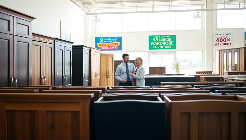 A bright and inviting furniture store interior showcasing a variety of affordable wardrobes. In the foreground, neatly arranged rows of sturdy, stylish wardrobes in different wood finishes, some with modern designs and others with classic styles. In the middle space, a friendly salesperson in professional attire is assisting a couple, pointing out features of one wardrobe. The background features colorful signage promoting discounts and promotions on furniture. Soft, natural lighting coming from large windows illuminates the space, creating a warm and welcoming atmosphere. The overall mood is cheerful and inviting, perfect for shoppers looking for budget-friendly options.