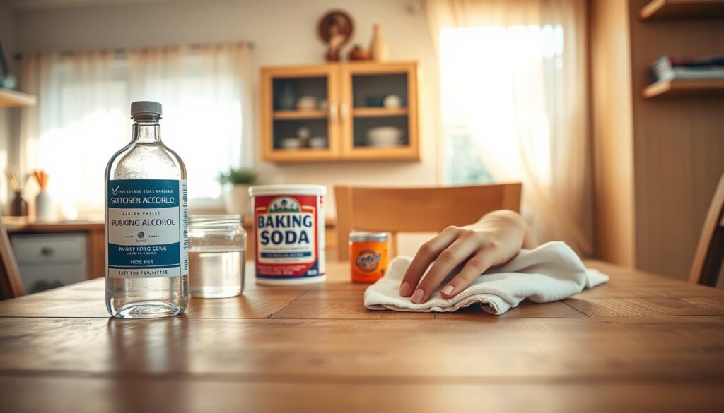 A bright and inviting kitchen scene featuring a wooden table with various household items used for removing marker stains from furniture. In the foreground, display a few common household products such as a bottle of rubbing alcohol, a container of baking soda, and a soft cloth. In the middle, show the wooden table with faint marker stains on its surface, suggesting a recent mishap, and a hand diligently applying one of the cleaning solutions. The background includes a sunny window with sheer curtains, filtering warm light into the space, creating a cozy and productive atmosphere. Capture the essence of home remedies with warm colors and a clean, organized look, emphasizing safety and practicality in cleaning.