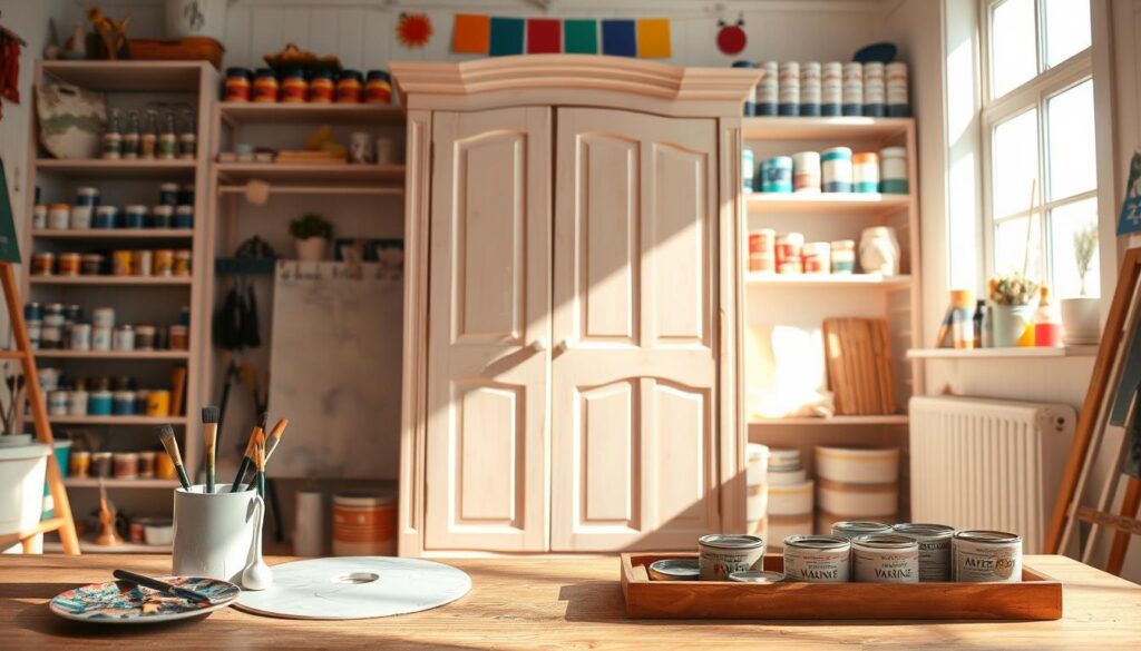 A bright and inviting workspace for painting, showcasing a wooden wardrobe half-painted in a soft pastel color. The foreground features an artist’s palette and brushes neatly arranged beside an open paint can, with drops of paint indicating a fresh application. In the middle, the wardrobe stands prominently with its doors slightly ajar, revealing a glimpse of the interior. The background is filled with shelves of neatly organized paint cans and various tools, adorned with vibrant swatches of color. Warm, natural sunlight streams through a large window, casting soft shadows and creating a cheerful atmosphere, emphasizing a sense of creativity and inspiration. The setting is cozy and artistic, ideal for displaying painting tips and ideas. A bright and inviting workspace for painting, showcasing a wooden wardrobe half-painted in a soft pastel color. The foreground features an artist’s palette and brushes neatly arranged beside an open paint can, with drops of paint indicating a fresh application. In the middle, the wardrobe stands prominently with its doors slightly ajar, revealing a glimpse of the interior. The background is filled with shelves of neatly organized paint cans and various tools, adorned with vibrant swatches of color. Warm, natural sunlight streams through a large window, casting soft shadows and creating a cheerful atmosphere, emphasizing a sense of creativity and inspiration. The setting is cozy and artistic, ideal for displaying painting tips and ideas.
