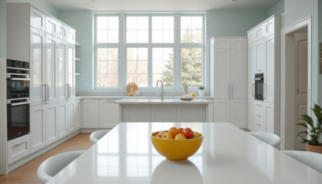 A bright and modern kitchen featuring white furniture, including sleek cabinets and a stylish dining table. The walls should be painted in a soothing light shade, such as soft pastel blue or gentle mint green, harmonizing beautifully with the white furniture. In the foreground, a colorful fruit bowl sits on the table, adding a vibrant touch. The middle ground showcases an elegant countertop with a few minimalist kitchen accessories. In the background, large windows let in natural light, enhancing the atmosphere with a warm and inviting glow. The overall mood is cheerful and contemporary, capturing the essence of a cozy yet stylish kitchen environment. The image should have a photorealistic quality, taken from an eye-level angle, with soft shadows to evoke depth.