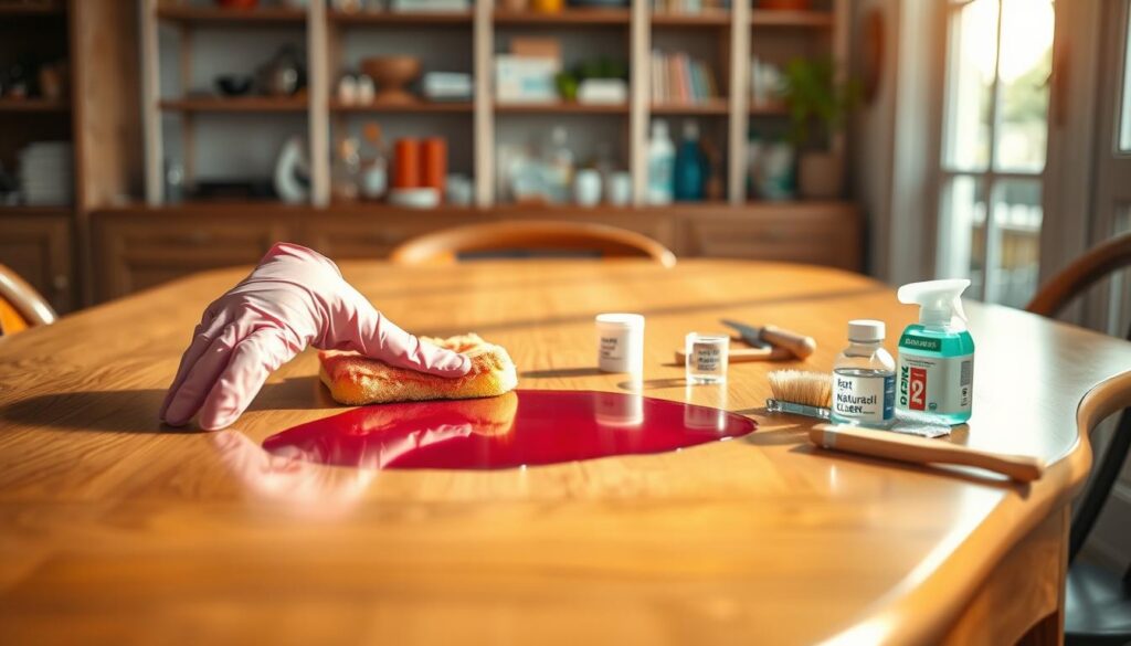 A bright and organized workspace featuring a wooden table with an elegant, mid-century design. In the foreground, a hand wearing a rubber glove is gently scrubbing a maroon hair dye stain on the table’s surface with a sponge soaked in a color-safe cleaner. There are small containers of various cleaning solutions displayed nearby, including a bottle labeled “Natural Cleaner” and a set of tools like a putty knife and soft brushes. In the middle ground, a well-lit window casts warm sunlight onto the scene, highlighting the cleanliness of the surrounding area. The background features a blurred shelf stocked with cleaning supplies, lending a sense of order and professionalism to the atmosphere, conveying a focus on effective home maintenance.