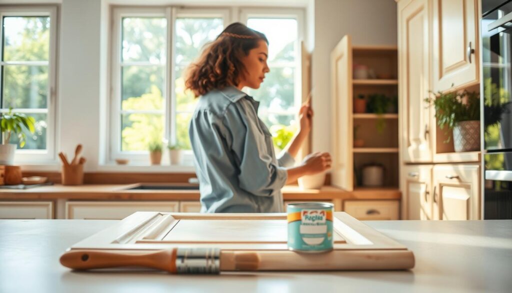 A brightly lit kitchen scene showcasing the process of renewing kitchen furniture with paint. In the foreground, an artistically arranged set of painted wooden cabinets in a soft pastel color, with a brush and a can of paint nearby, reflecting vibrant hues. The middle ground features a focused individual in a modest, casual outfit, carefully applying paint on the cabinet door, showcasing skill and attention to detail. The background captures a clean, sunny kitchen ambiance with fresh herbs on the windowsill and an airy feel, thanks to large windows letting in natural light. The composition should evoke a sense of creativity and transformation, highlighting the beauty of DIY home improvement.