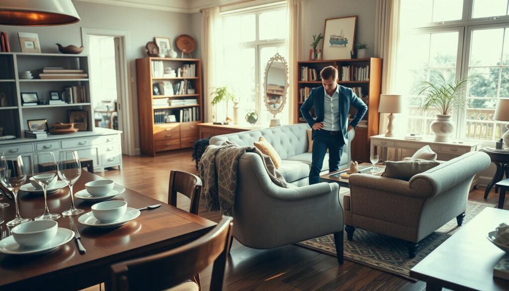 A busy, sunlit living room showcasing a variety of stylish, second-hand furniture pieces for sale. In the foreground, a polished wooden dining table is set with elegant tableware, alongside a cozy armchair draped with a textured throw. The middle ground features an attractive bookshelf filled with books and decorative items, emphasizing a curated home aesthetic. In the background, large windows let in warm natural light, illuminating the space and creating a welcoming atmosphere. A professional-looking individual in casual attire examines a vintage sofa, displaying a keen interest in the furniture offerings. The mood is vibrant and enthusiastic, reflecting the excitement of quick furniture sales. Capture this scene with a slight tilt-angle perspective, using soft-focus to emphasize the furniture's appealing details while keeping the setting airy and inviting.