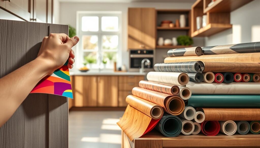 A close-up image of beautifully wrapped kitchen furniture showcasing the benefits of furniture foil application. In the foreground, a hand applies colorful adhesive vinyl to a textured cabinet door, highlighting the smooth finish and vibrant colors. The middle ground features an array of neatly organized rolls of different adhesive foils in patterns such as wood grain, marble, and solid colors, emphasizing versatility. In the background, a modern kitchen setting with natural light streaming through a window, casting soft shadows, creating a warm and inviting atmosphere. The scene conveys a sense of creativity and transformation, focusing on how easy and effective furniture wrapping can enhance the look of kitchen cabinets.
