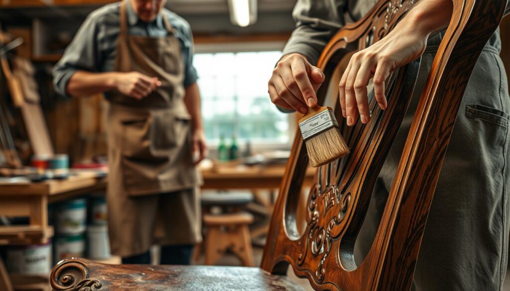 A close-up scene depicting the process of removing old varnish from wooden furniture. In the foreground, a skilled craftsman, dressed in a professional apron and modest clothing, carefully applies a varnish remover with a brush on a beautifully crafted wooden chair. The middle ground showcases the chair's intricate carvings with splinters of old varnish peeling off. In the background, a well-lit workshop filled with tools, paint cans, and wood shavings adds to the atmosphere, emphasizing craftsmanship and attention to detail. Soft, warm lighting creates a welcoming and productive atmosphere, highlighting the textures of the wood and the careful hand of the craftsman. A shallow depth of field blurs the background slightly to focus on the varnish removal process.