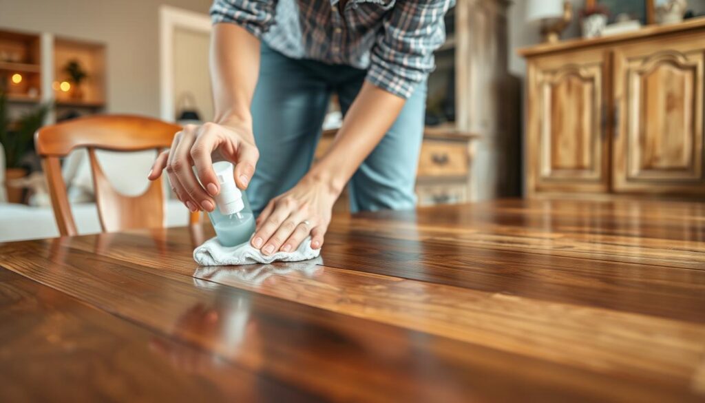 A close-up scene depicting the process of removing wax from various furniture surfaces. In the foreground, a person in modest casual clothing is carefully applying a cleaning solution to a wooden table, with a soft cloth in hand, focusing on the glossy areas where wax has accumulated. The middle ground features a variety of furniture types, including a polished wooden chair and a distressed wooden cabinet, showcasing different surface textures affected by wax. The background is softly blurred, hinting at a cozy, well-lit living room with warm lighting, giving an inviting atmosphere. The image captures the meticulous care taken in the cleaning process, highlighting practical home maintenance in a serene environment. No additional elements or text should be present.