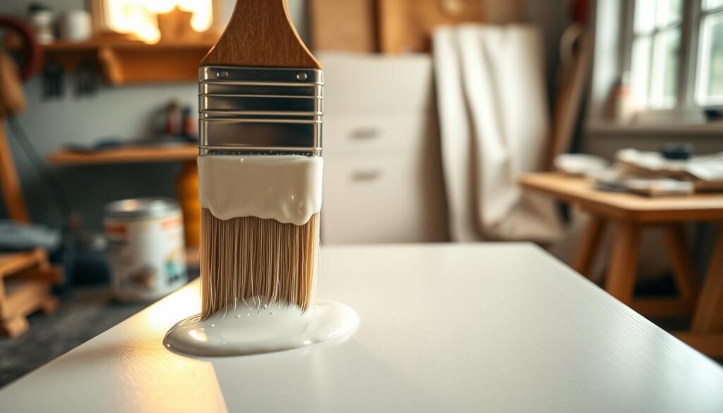 A close-up view of a furniture primer being applied to a sleek, modern furniture piece, such as a wooden chair or cabinet. The foreground highlights a paintbrush dipping into a creamy, off-white primer, with glistening droplets of paint catching the light. In the middle, the furniture surface shows a smooth, even layer of primer, emphasizing its importance in preparation for painting. The background features a softly blurred workshop setting, with tools like sandpaper, paint cans, and drop cloths lightly illuminated by warm, natural light coming from a nearby window. The atmosphere is serene and focused, conveying the meticulous process of furniture refinishing and the essential role of the primer.