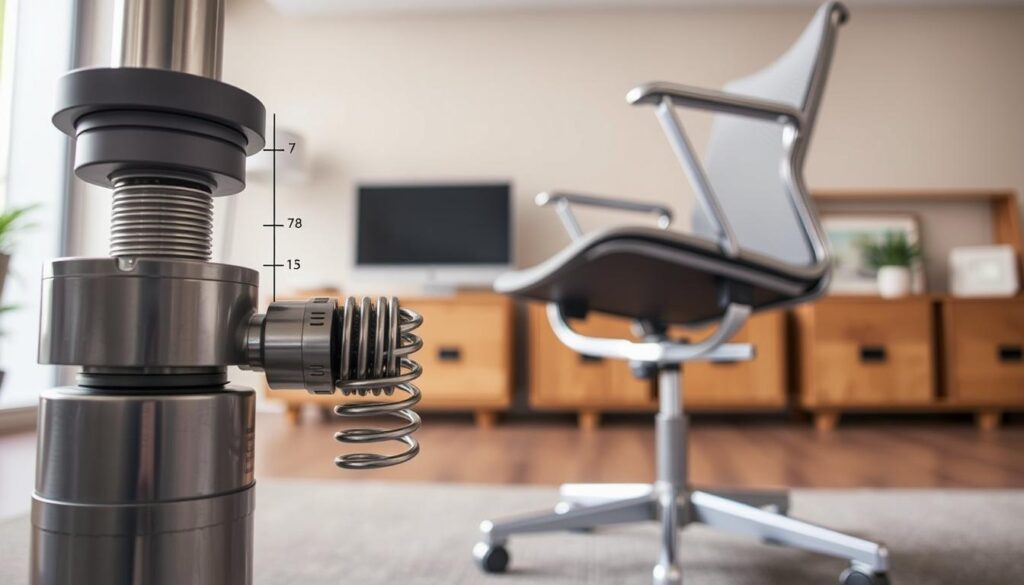 A close-up view of a gas lift mechanism, showcasing its height adjustment capabilities, with precise measurements displayed alongside. In the foreground, focus on the intricate components of the gas lift, including the piston and spring clearly visible, reflecting metallic textures under soft, diffused lighting. In the middle ground, a well-furnished modern office setting illustrates the application of the gas lift in furniture, with a stylish ergonomic chair partially raised, demonstrating the mechanism in action. The background features minimal clutter, using warm, neutral tones to create a professional and inviting atmosphere. The camera angle is slightly tilted from above, enhancing the depth of the image, while maintaining clarity on the gas lift components, emphasizing their engineering and functionality.