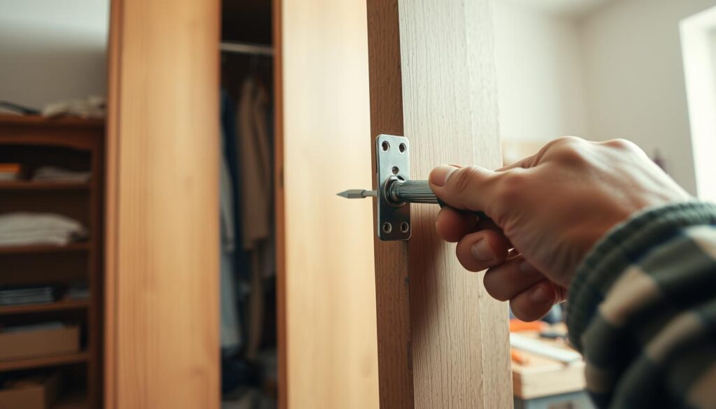 A close-up view of a professional handyman skillfully replacing door hinges on a wooden wardrobe. In the foreground, focus on the handyman's hands using a screwdriver to remove an old hinge, highlighting the intricate details of the hinge and the wood texture. In the middle ground, the wardrobe door is slightly ajar, revealing a glimpse of neatly arranged clothes inside. The background features a softly lit workshop, with tools neatly organized on a workbench, providing a warm, inviting atmosphere. The lighting is bright yet diffused, creating a sense of clarity and focus. Capture this moment from a slightly elevated angle, emphasizing the craftsmanship and the importance of proper hinge replacement.