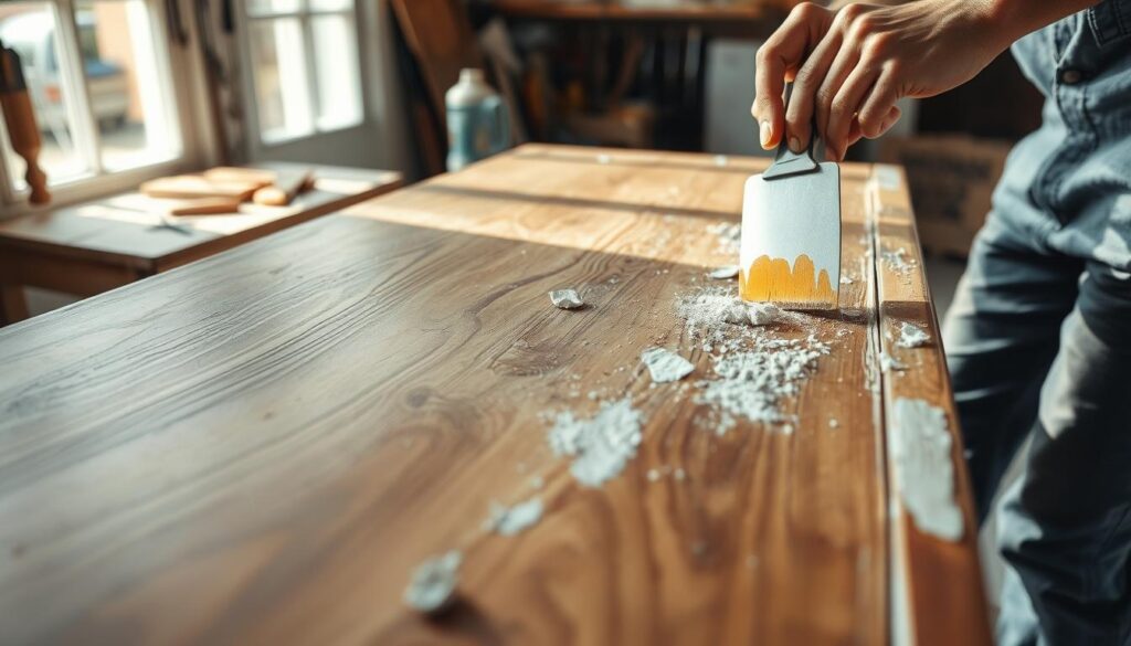 A close-up view of a vintage wooden dresser undergoing the process of removing old paint layers. In the foreground, a person in modest casual clothing is carefully scraping off paint using a putty knife, with visible paint chips and dust around them. In the middle, the dresser's wood grain is revealed, showcasing detailed textures and spots where the old lacquer has been removed. The background features a well-lit workshop with tools and paint strippers on a workbench, creating an industrious atmosphere. Soft, natural lighting shines through a nearby window, casting gentle shadows that enhance the depth of the image. The overall mood should feel focused and productive, illustrating the meticulous task of revitalizing furniture. A close-up view of a vintage wooden dresser undergoing the process of removing old paint layers. In the foreground, a person in modest casual clothing is carefully scraping off paint using a putty knife, with visible paint chips and dust around them. In the middle, the dresser's wood grain is revealed, showcasing detailed textures and spots where the old lacquer has been removed. The background features a well-lit workshop with tools and paint strippers on a workbench, creating an industrious atmosphere. Soft, natural lighting shines through a nearby window, casting gentle shadows that enhance the depth of the image. The overall mood should feel focused and productive, illustrating the meticulous task of revitalizing furniture.